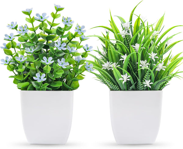 Miracliy 2 Pack Fake Plants Small, Mini Artificial Plants with Flowers for Home Office Bedroom Decor Indoor
