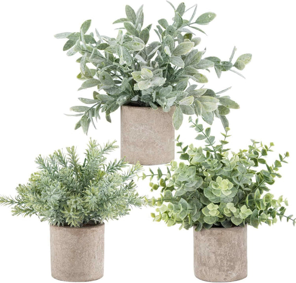 Miracliy 3 Pack Mini Potted Fake Plants Artificial Plastic Eucalyptus Plants Topiaries for Home Office Desk Farmhouse Room Decor