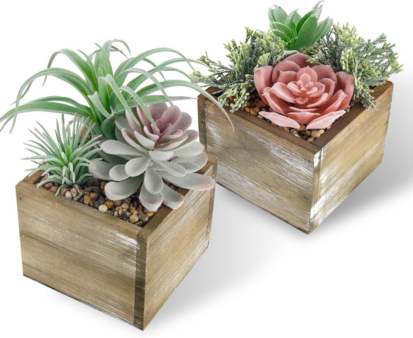 Miracliy 2 Pack Fake Plants Succulents Plants Artificial Plants in Wood Pots with Pink Flowers for Farmhouse Bathroom Decor