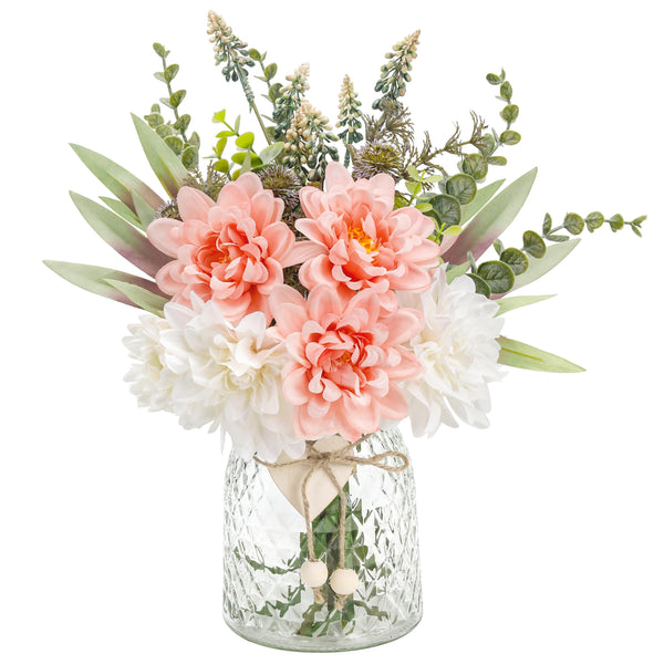 Miracliy Fake Flowers in Vase Silk Artificial Pink Flowers Arrangements with Glass Vase for Dinning Coffee Table Centerpieces Home Kitchen Farmhouse Wedding Decor