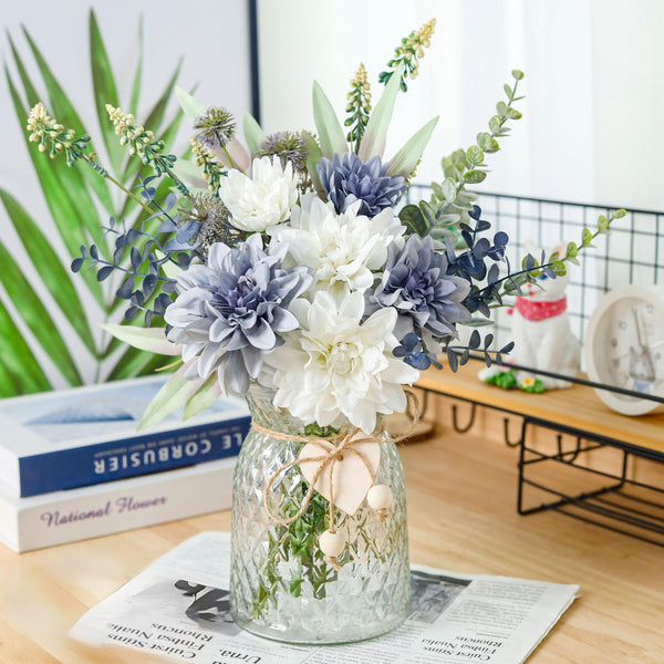 Miracliy Fake Flowers in Vase Silk Artificial Navy Blue Flowers Arrangements with Glass Vase for Dinning Coffee Table Centerpieces Home Kitchen Farmhouse Wedding Decor