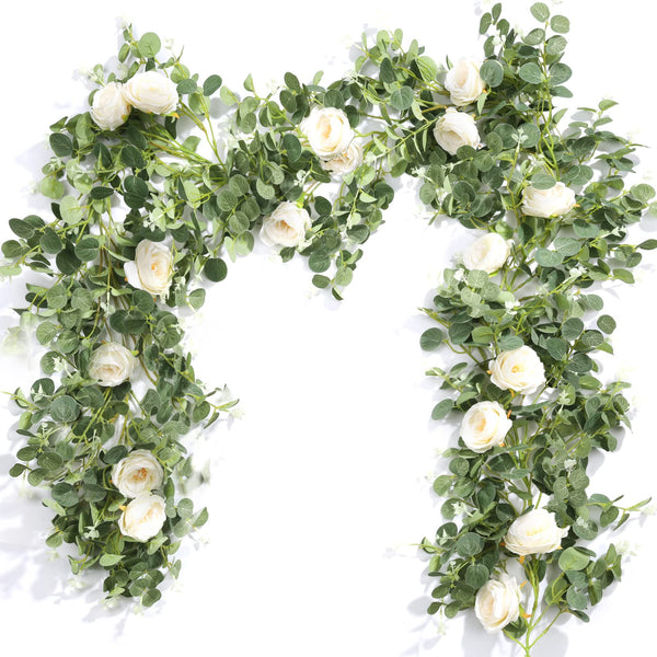 Miracliy 4 Pcs 13Ft Artificial Eucalyptus Flower Garland with Fake Silk Rose Flower Vine Seeded Eucalyptus Leaves Greenery Garland for Wedding Arch Table Wall Backdrop Party Room Decor (Champagne)