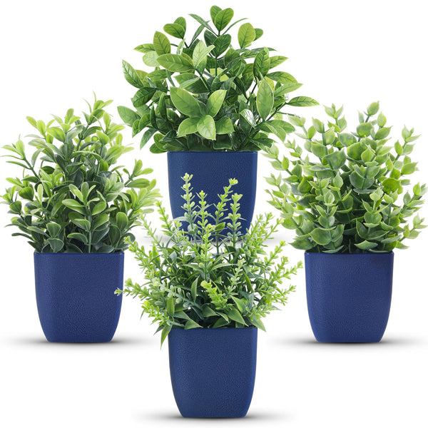 Miracliy 4 Pack Small Fake Plants Artificial Plants Indoor Office Desk Accessories for Aesthetic Room Decor Blue Bathroom Decor