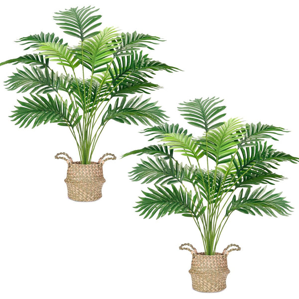 Miracliy 2Pcs Fake Palm Tree 28Inch Large Fake Potted Faux Areca Palm Plant with Hand-Woven Baskets with Handles for Indoor Outdoor Home Office Porch Balcony Bedroom Decor