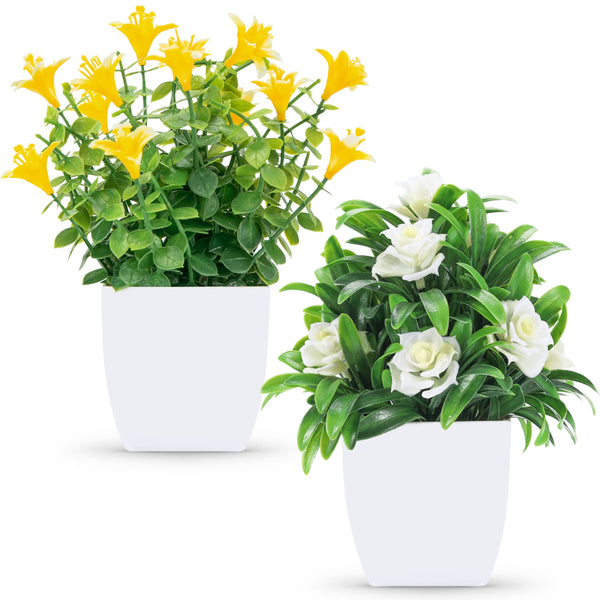 Miracliy 2 Pack Fake Plants Mini Artificial Faux Plants with Flowers for Home Office Table Room Farmhouse Decor Indoor