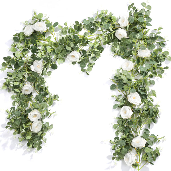 Miracliy 4 Pcs 13Ft Artificial Eucalyptus Flower Garland with Fake Silk Rose Flower Vine Seeded Eucalyptus Leaves Greenery Garland for Wedding Arch Table Wall Backdrop Party Room Decor (White)