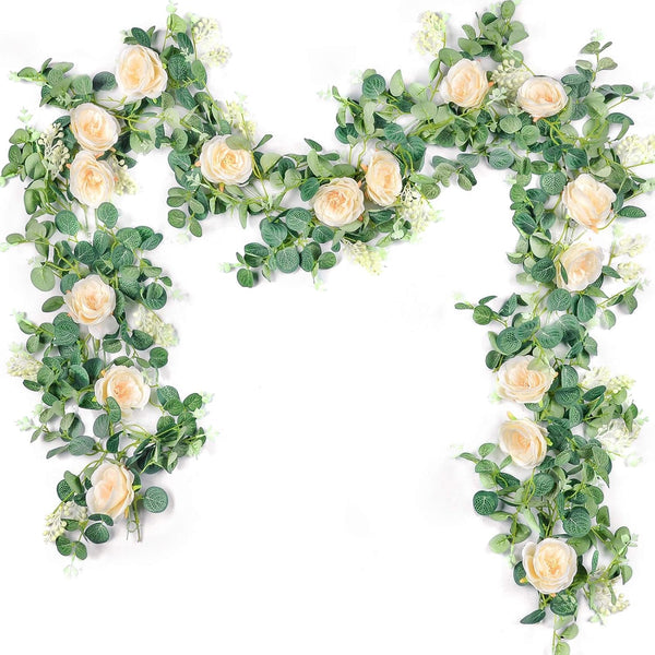 Miracliy 2Pack 13Ft Artificial Eucalyptus Flower Garland with Fake Rose Flower Vine Seeded Eucalyptus Leaves Greenery Garland for Wedding Table Backdrop Party Centerpiece Room Decor (Champagne)