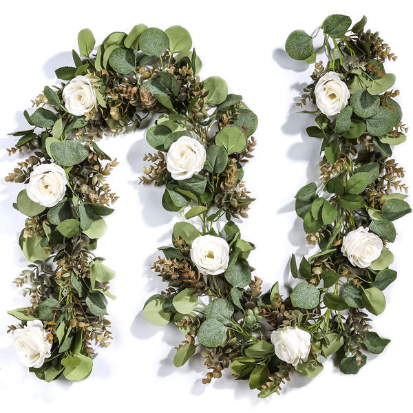 Miracliy 6.5Ft Artificial Eucalyptus Flower Garland with Fake Rose Flower Vine Seeded Eucalyptus Leaves Greenery Garland for Wedding Arch Table Runner Backdrop Party Centerpiece Room Decor (White/1)