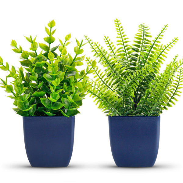 Miracliy 2 Pack Fake Plants Small Artificial Plants in Blue Pots Faux Plants Indoor for Home Room Bathroom Living Room Decor