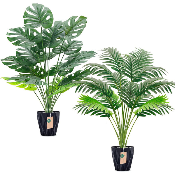 Miracliy 2Packs 28'' Fake Palm Tree Large and Artificial Monstera Plants Outdoor for Home Living Room Porch Balcony Garden Decor Indoor