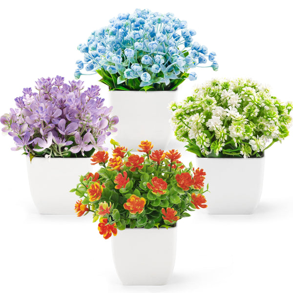 Miracliy 4 Pack Fake Flowers Plants Mini Artificial Greenery Potted Plants for Home Decor Indoor Office Table Room Farmhouse