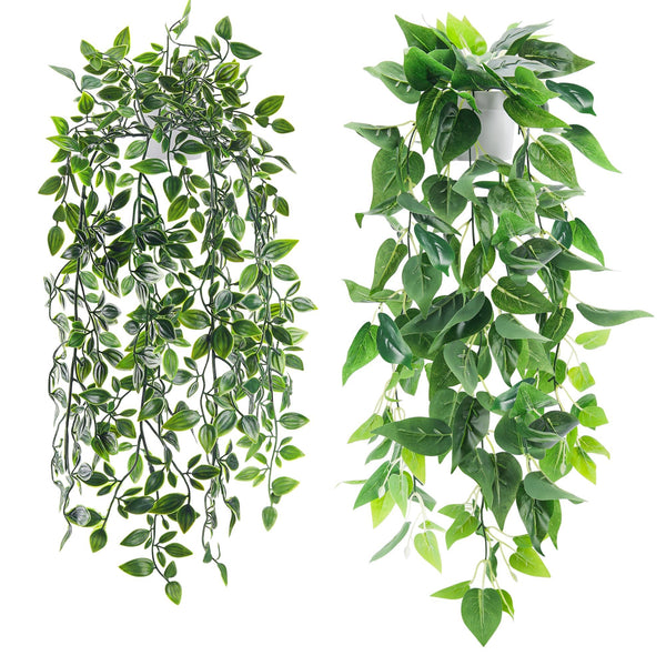 Miracliy 2 Pack Fake Plants Hanging Faux Potted Ivy Vine Artificial Plants Indoor for Room Bathroom Wall Shelf Outdoor Decor