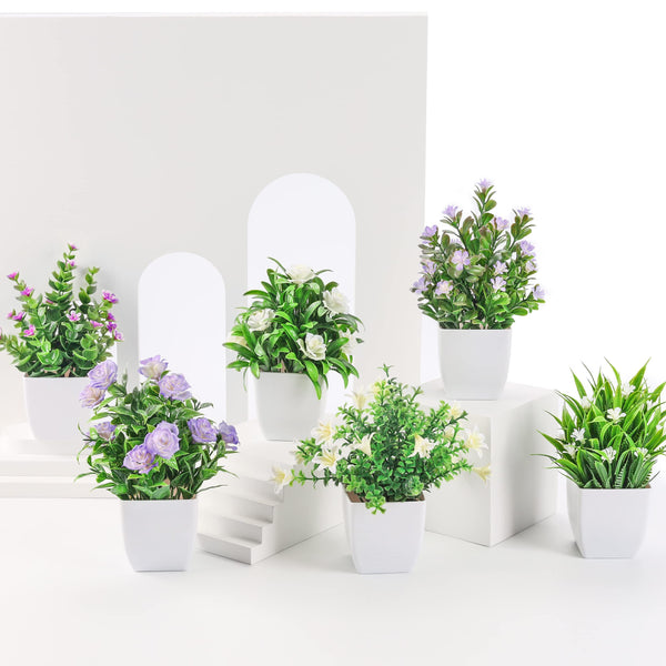 Miracliy 6 Pack Small Fake Plants Mini Artificial Faux Plants with Flowers for Home Room Farmhouse Bathroom Decor Indoor