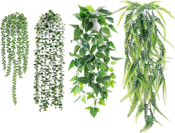 Miracliy 4Pcs Fake Plants Hanging Artificial Ivy Vine Faux Eucalyptus Hanging Plants, Boston Fern, String of Pearls for Home Boho Wall Shelf Indoor Outdoor Decor (White Pots)