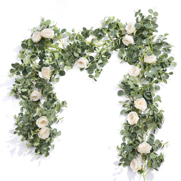 Miracliy 2 Pcs 13Ft Artificial Eucalyptus Flower Garland with Fake Rose Flower Vine Seeded Eucalyptus Leaves Greenery Garland for Wedding Table Runner Backdrop Party Centerpiece Room Decor (White)