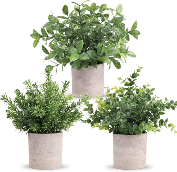 Miracliy 3 Pack Mini Potted Fake Plants Artificial Plastic Eucalyptus Plants for Home Office Desk Farmhouse Room Decor