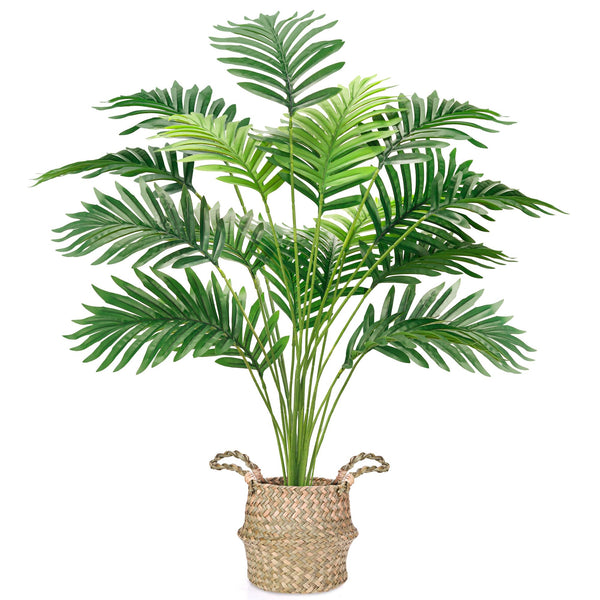 Miracliy Fake Palm Tree 28Inch Large Fake Potted Faux Areca Palm Plant with Hand-Woven Baskets with Handles for Indoor Outdoor Home Office Porch Balcony Bedroom Decor