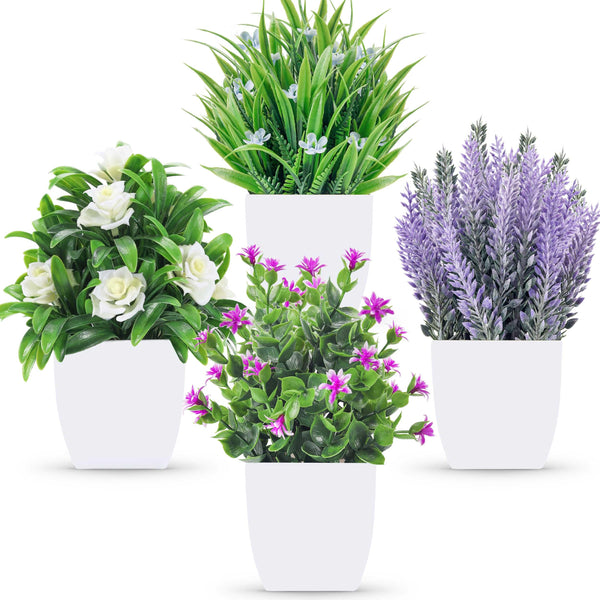 Miracliy 4 Pack Fake Plants Small Artificial Potted Faux Plants with Flowers for Home Bathroom Living Room Office Decor Indoor