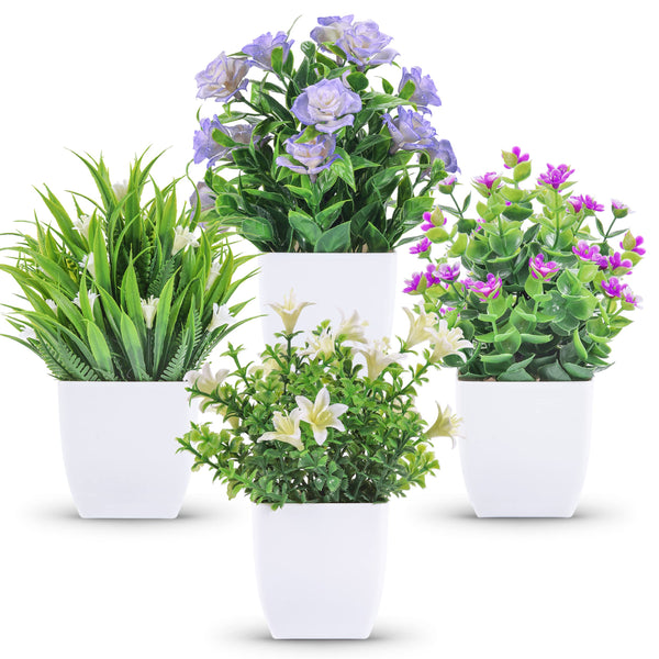Miracliy 4 Pack Small Fake Plants Mini Artificial Faux Plants with Flowers for Home Room Farmhouse Bathroom Decor Indoor