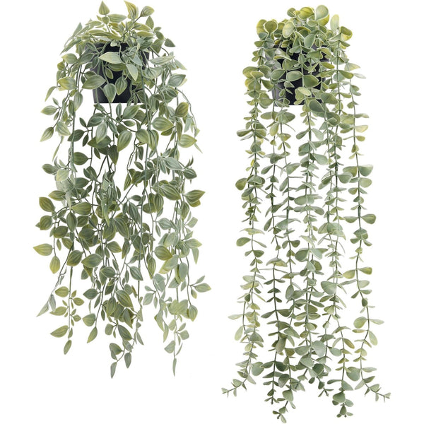 Miracliy 2Pcs Fake Plants Hanging Artificial Decor Faux Potted Eucalyptus and Pea Pod Plants for Boho Bathroom Home Wall Shelf Bookcase Decor Indoor