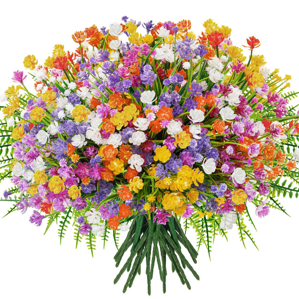 Miracliy 24 Bundles Artificial Flowers for Outdoors Decoration Faux Ferns Fake Plastic Flowers for Spring Summer Home Garden Courtyard Patio Front Porch Decor