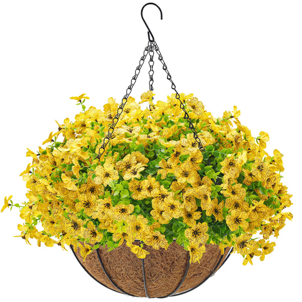 Miracliy Artificial Hanging Flowers Basket for Outdoors Fake Hanging Plants Spring Summer Decoration UV Resistant for Garden Front Porch Patio Balcony Decor
