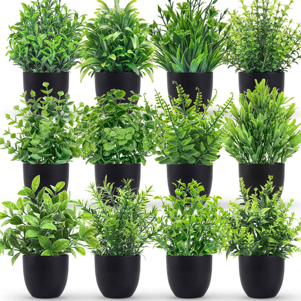 Miracliy Fake Plants 12 Pack Artificial Plants Small Faux Plants in Black Pot for Bathroom Home Office Table Decor Indoor