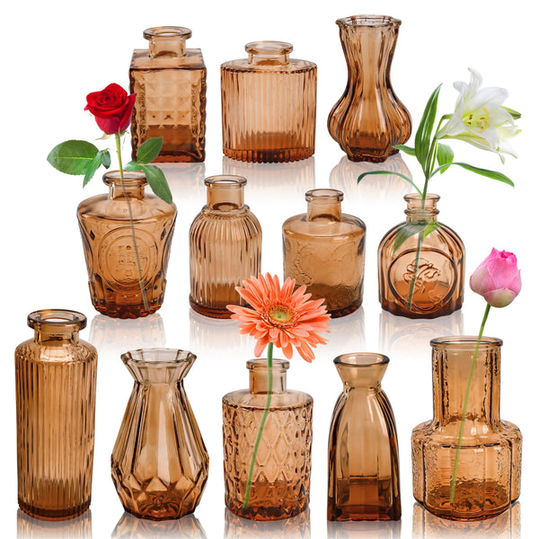 Miracliy Bud Vases in Bulk Glass Vase for Centerpieces Set of 12 Small Flower Vases Mini Vintage Vases for Rustic Wedding, Home Table Decorations (Amber)