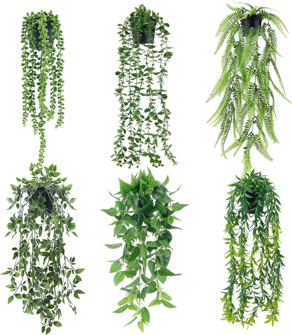 Miracliy 6 Pack Fake Hanging Plants Artificial Decor Faux Potted Greenery Hanging Plants Indoor for Room Home Shelf Outdoor Decor