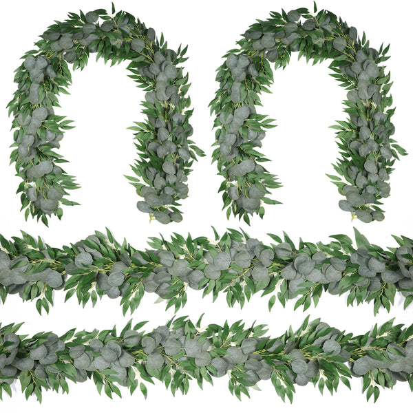 Miracliy 4 Pcs 6.5 Feet Eucalyptus Leaves Garland Artificial Silver Dollar with Willow Vines Twigs Leaves String for Doorways Greenery Garland Table Runner Garland Indoor Outdoor