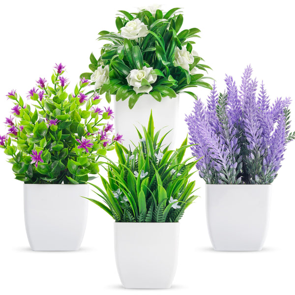 Miracliy 4 Pack Small Fake Plants Artificial Plants Indoor with Flowers for Home Bathroom Kitchen Office Desk Decor