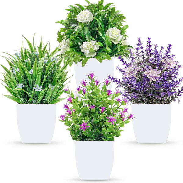 Miracliy 4 Pack Small Fake Flowers Plants Mini Artificial Potted Plants for Table Desk Home Bathroom Office Decor