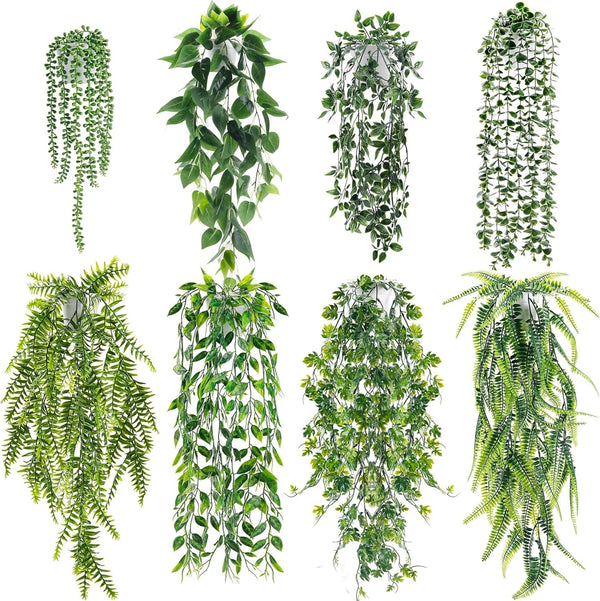 Miracliy 8Pcs Fake Plants Hanging Artificial Ivy Vine Faux Eucalyptus Hanging Plants for Home Boho Wall Shelf Indoor Outdoor Decor (White Pots)