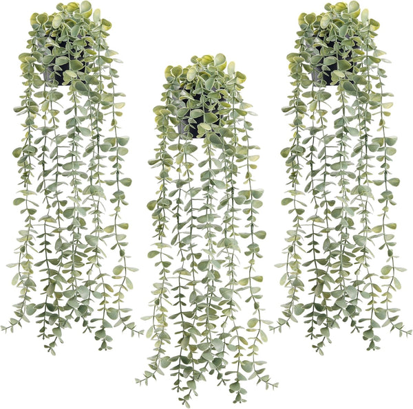 Miracliy 3Pcs Fake Plants Hanging Artificial Decor Faux Potted Eucalyptus Plants for Boho Bathroom Home Wall Shelf Bookcase Decor Indoor