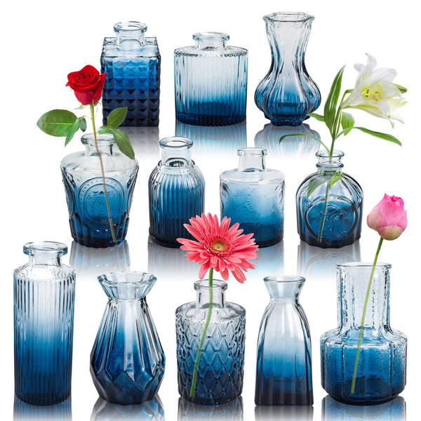 Miracliy Bud Vases in Bulk Glass Vase for Centerpieces Set of 12 Small Flower Vases Mini Vintage Vases for Rustic Wedding, Home Table Decorations (Blue)
