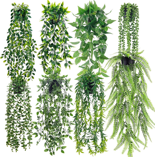 Miracliy 8 Pack Fake Plants Hanging Artificial Ivy Vine Faux Eucalyptus Plants in Black Pots for Bathroom Wall Shelf Bookshelf Decor Indoor