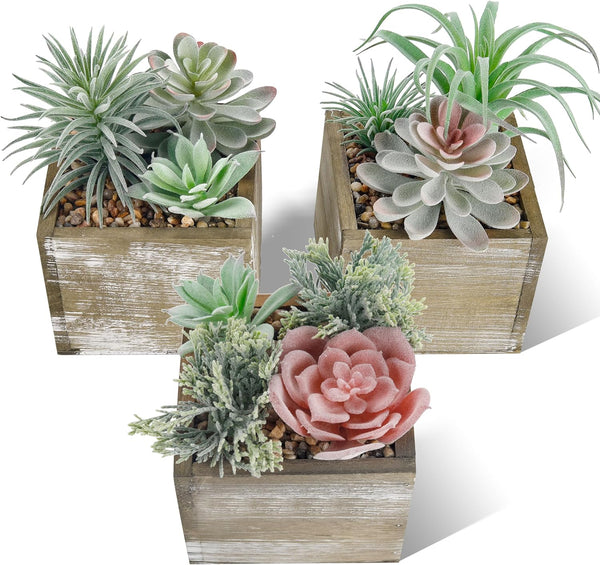 Miracliy Set of 3 Succulents Plants Artificial Fake Plants in Wood Pots with Pink Fake Flowers for Farmhouse Bathroom Desk Sheif Decor