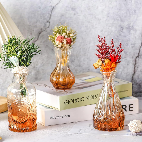 Miracliy Bud Vases in Bulk Glass Vase for Centerpieces Set of 20 Small Flower Vases Mini Vintage Vases for Rustic Wedding, Home Table Decorations (Amber)