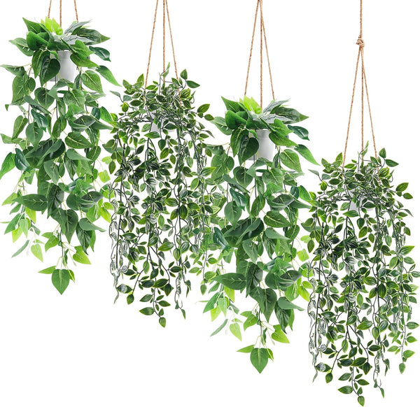 Miracliy 4 Pack Fake Plants Hanging Faux Potted Ivy Vine Artificial Mandala Plants for Room Bathroom Wall Shelf Decor Indoor