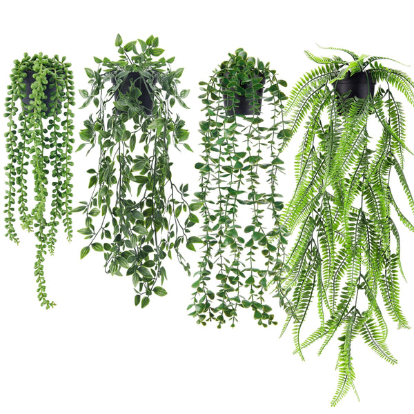 Miracliy 4 Pack Fake Hanging Plants Artificial Decor Faux Potted Greenery Hanging Plants Indoor for Room Home Shelf Outdoor Decor