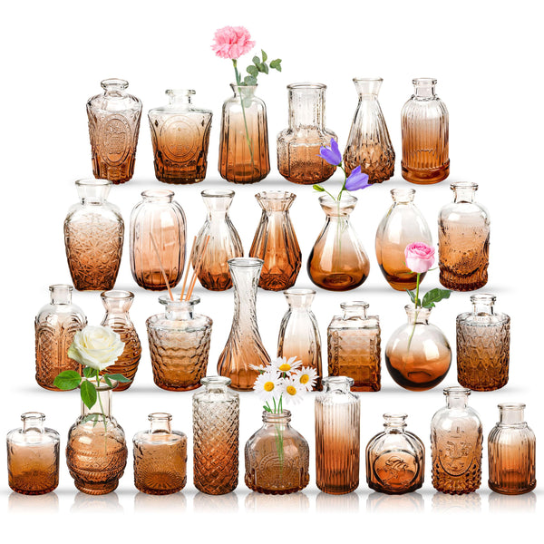 Miracliy Bud Vases in Bulk Glass Vase for Centerpieces Set of 30 Small Flower Vases Mini Vintage Vases for Rustic Wedding, Home Table Decorations (Amber)