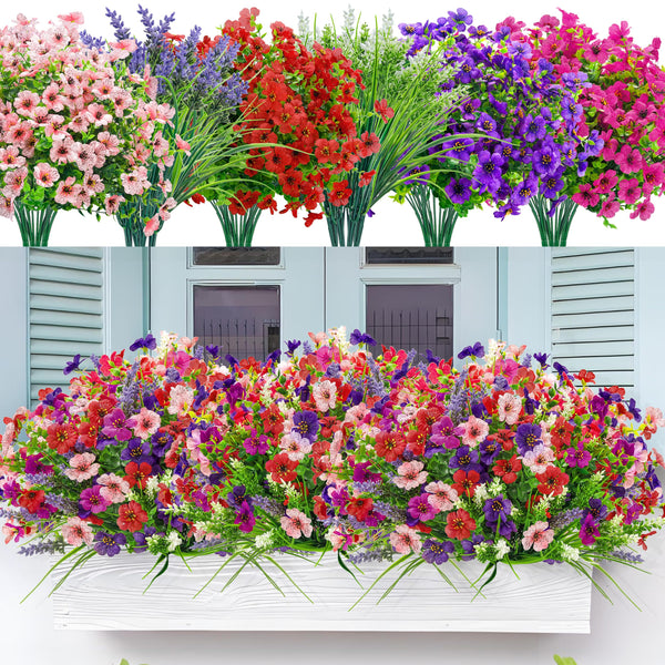 Miracliy 24 Bundles Artificial Flowers for Outdoor Fake Flowers Plants UV Resistant for Home Garden Porch Window Wedding Decor