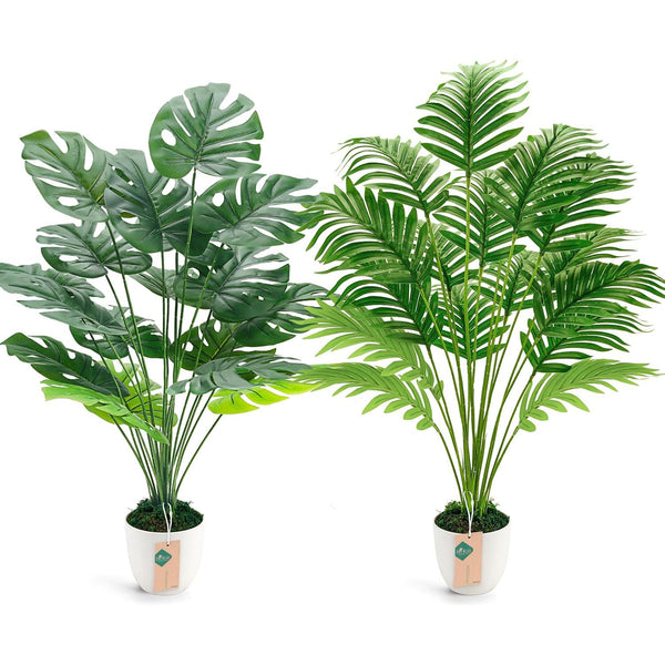 Miracliy 2Pcs Fake Plants 28'' Large Artificial Palm Tree and Faux Plants Indoor Tall in White Pots for Home Office Bathroom Patio Floor Outdoor Decor